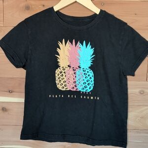 Roxy Playa Del Carmen Black T-Shirt with Colorful Pineapples, Size L/12, NWOT